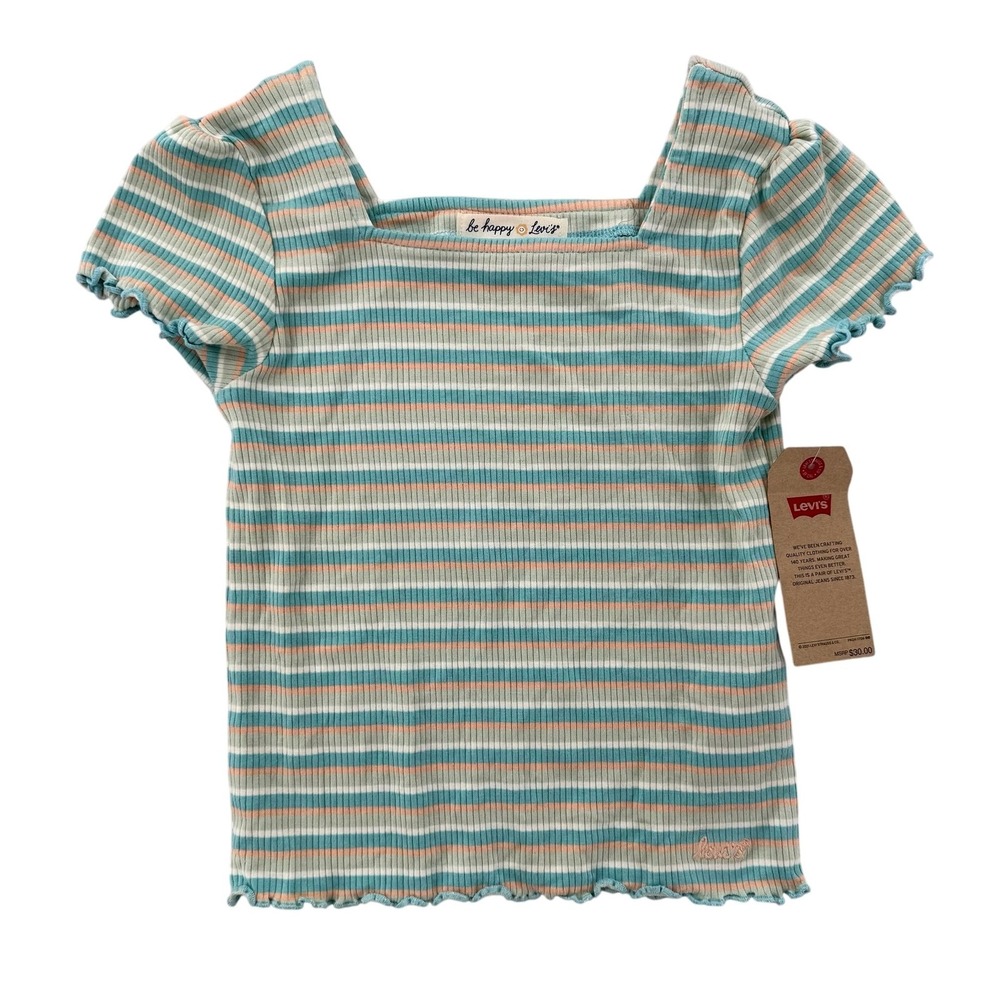 Levis‎ Shirt Girls 6X Large Blue Green Striped Puff Sleeve Be Happy NWT Top